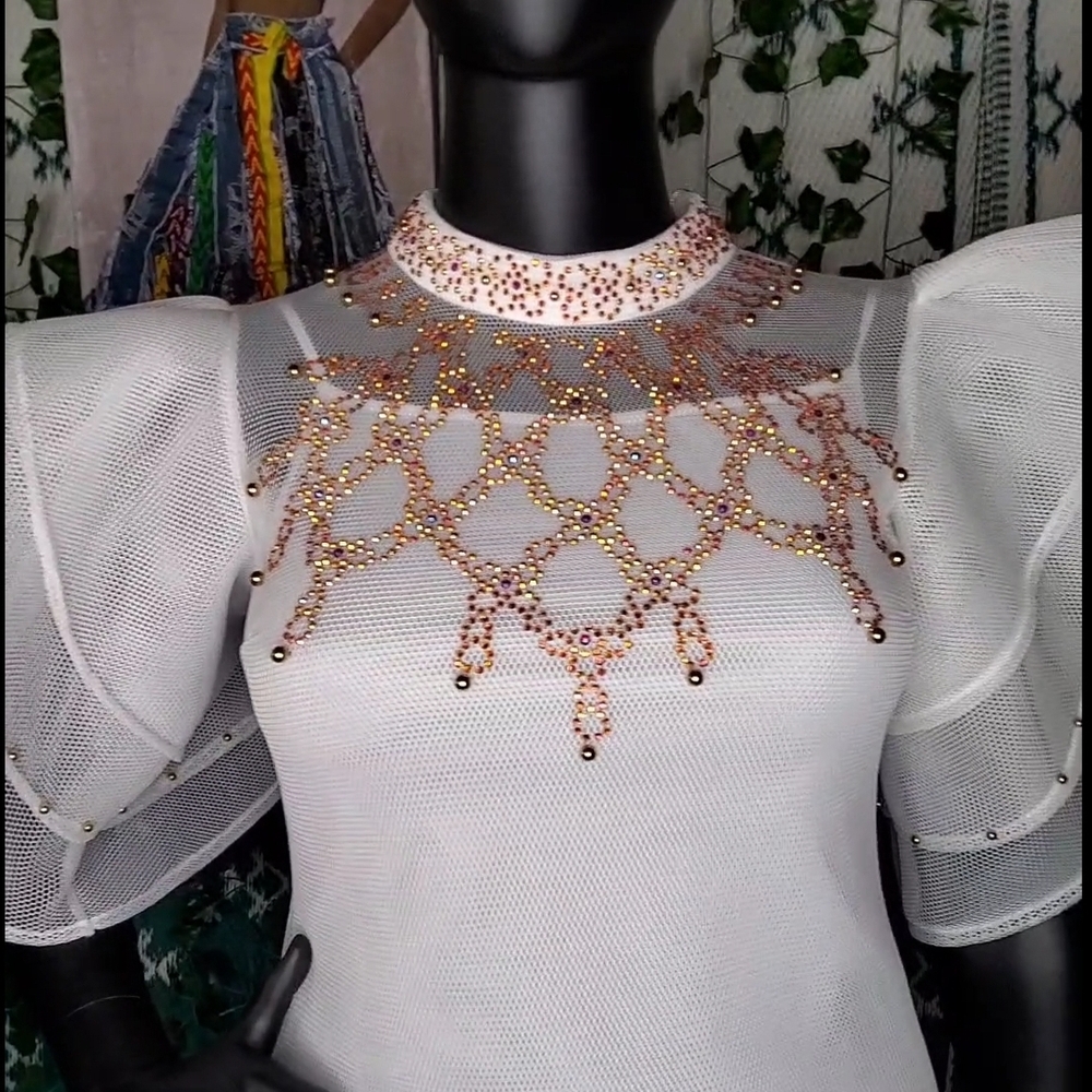 White Mesh Top with Beaded Design